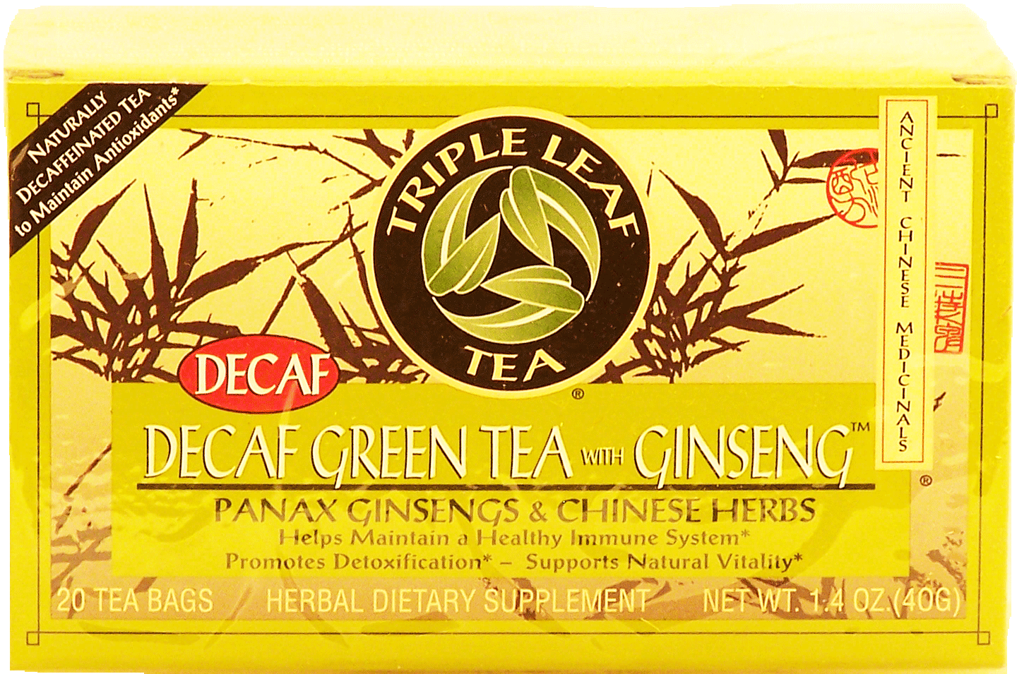 Triple Leaf Tea  decaf green tea with ginseng, panax ginsengs & chinese herbs, 20-bags Full-Size Picture